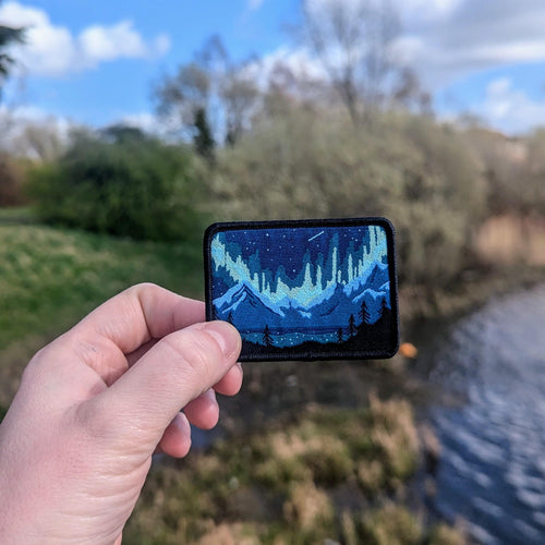 Set of 2 Iron on Patches - Northern Lights and Forest Sunset