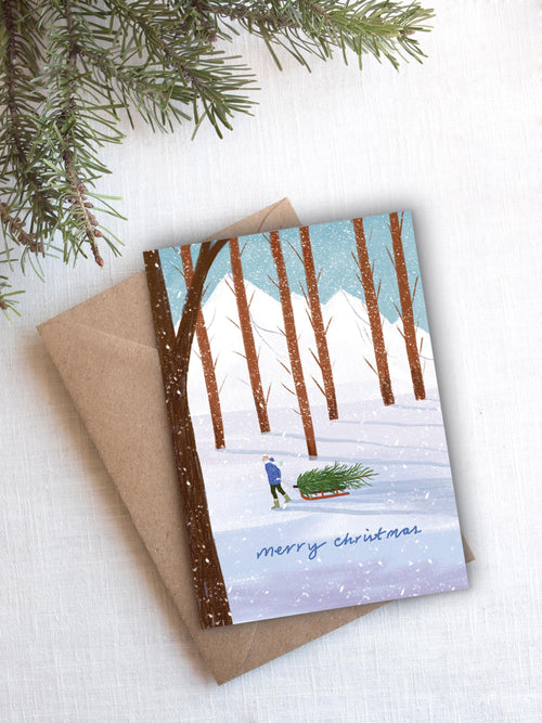 Christmas Tree Sleigh Card | Illustrated Christmas Card