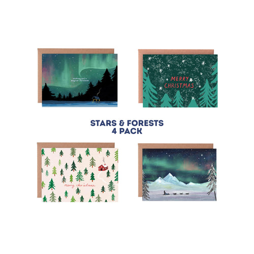 Pack of 4 Stars and Forests Illustrated Christmas Cards