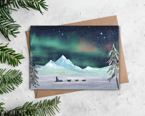 Pack of 4 - Lappland Dog Sledding Cards | Illustrated Christmas Card Pack
