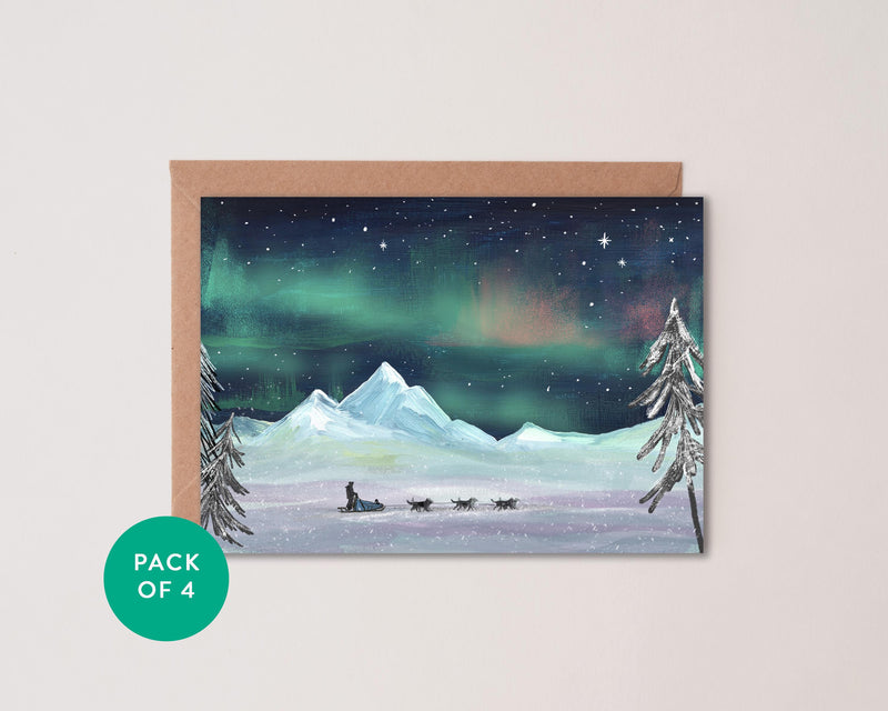 Pack of 4 - Lappland Dog Sledding Cards | Illustrated Christmas Card Pack