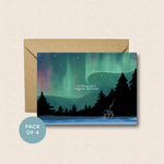 Pack of 4 - Northern Lights Cabin Card | Illustrated Christmas Card Pack