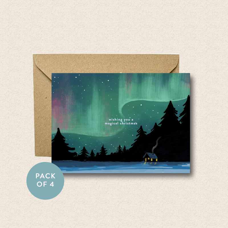 Pack of 4 - Northern Lights Cabin Card | Illustrated Christmas Card Pack