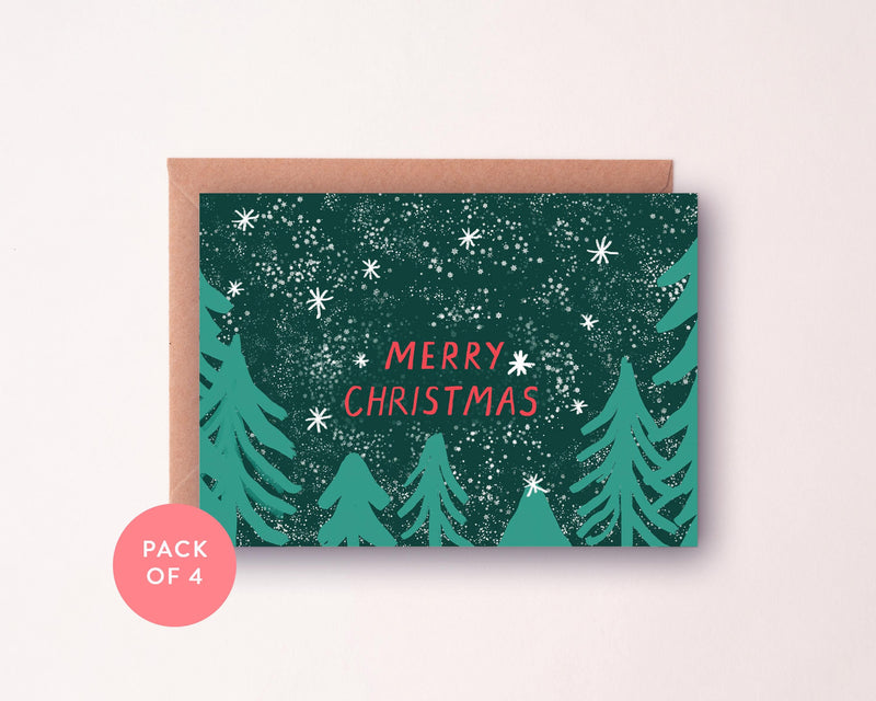 Pack of 4 - Christmas Trees Cards | Illustrated Christmas Card Pack