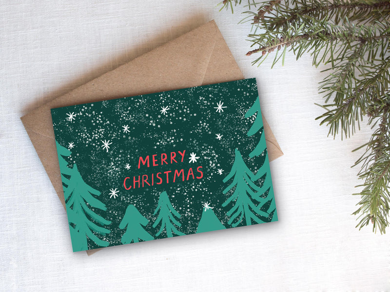 Pack of 4 - Christmas Trees Cards | Illustrated Christmas Card Pack