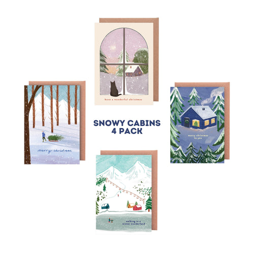 Pack of 4 Snowy Cabins Illustrated Christmas Cards