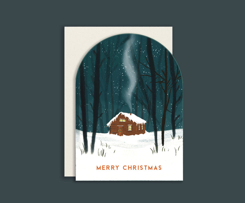 Pack of 4 Arched Christmas Cards | Scandinavian Cabin, Window, Polar Bear & Trees